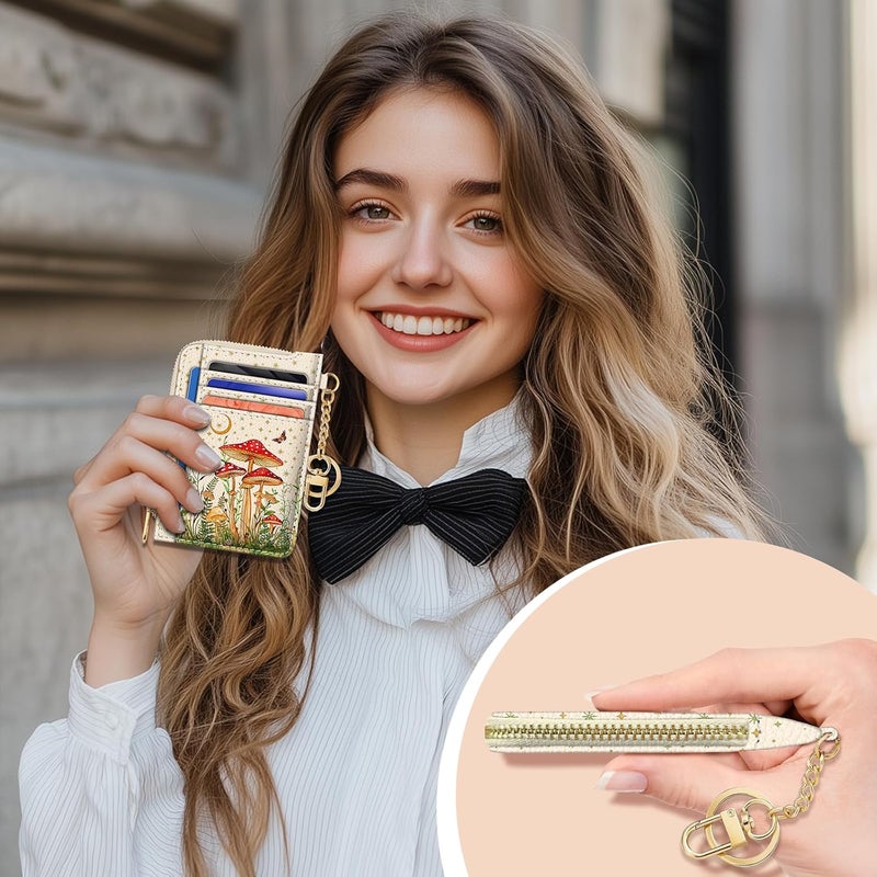 GIANCOMICS Slim Wallet Credit Card Holder Women, White Rfid Blocking Small Card Case, Keychain Thin Pocket Curved Zipper Wallet, Mushroom Travel Card Holder PU Leather ID Window, Ladies Female Gifts - Image 2